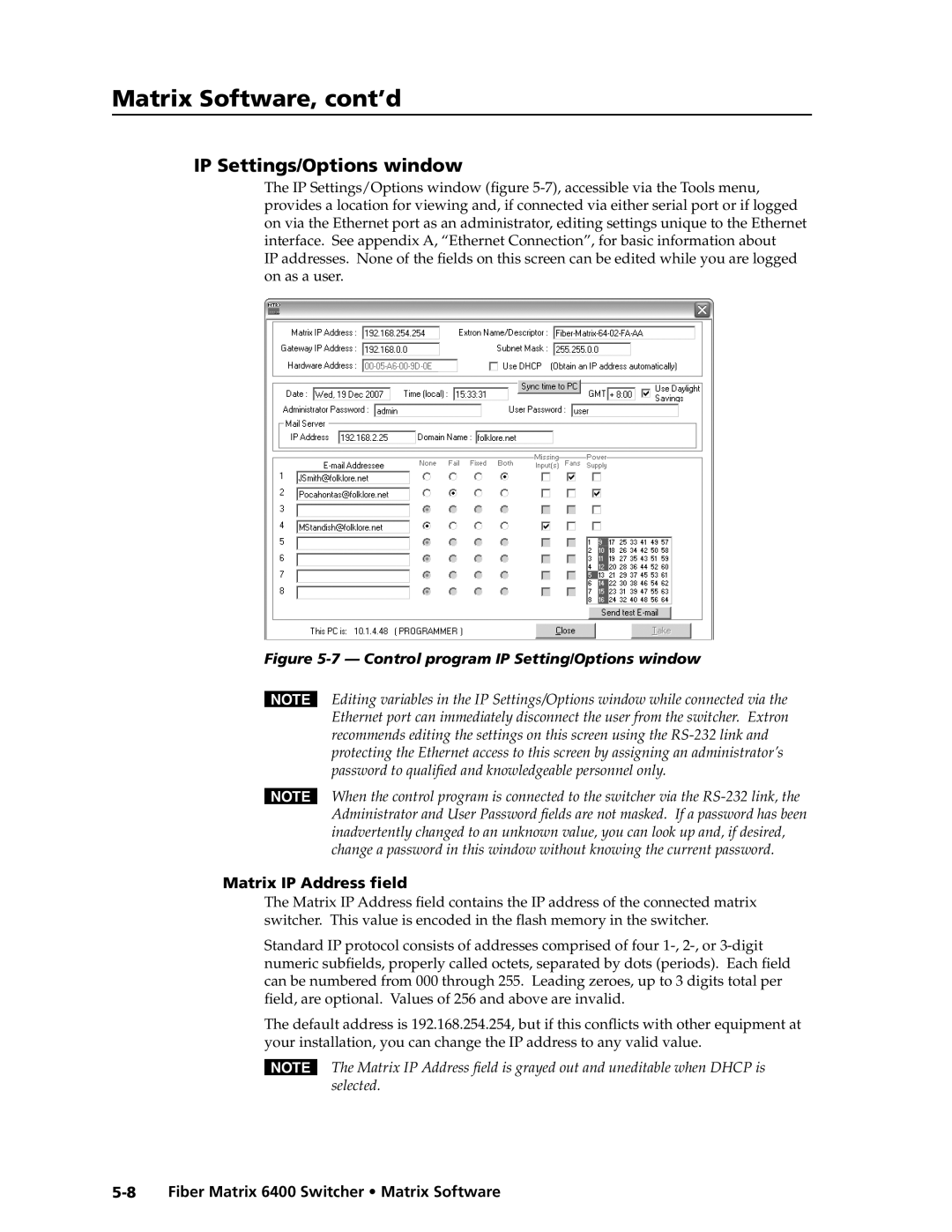 Extron electronic 6400s manual IP Settings/Options window, Matrix IP Address field 