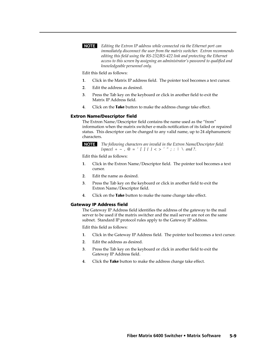 Extron electronic 6400s manual Extron Name/Descriptor field, Gateway IP Address field 