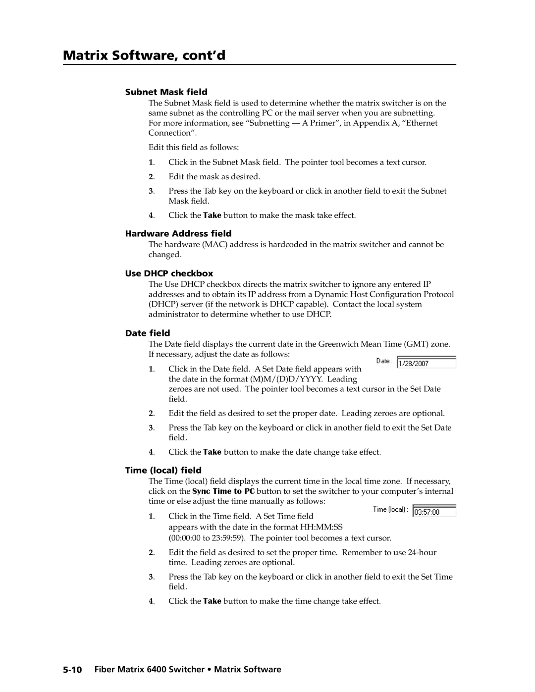 Extron electronic 6400s manual Subnet Mask field, Hardware Address field, Use Dhcp checkbox, Date field, Time local field 
