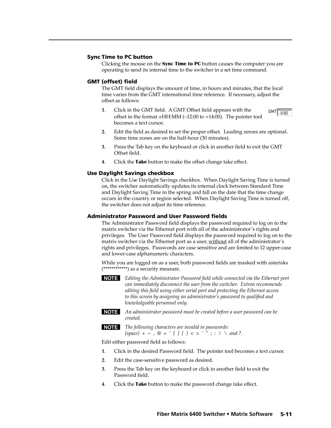 Extron electronic 6400s manual Sync Time to PC button, GMT offset field, Use Daylight Savings checkbox 