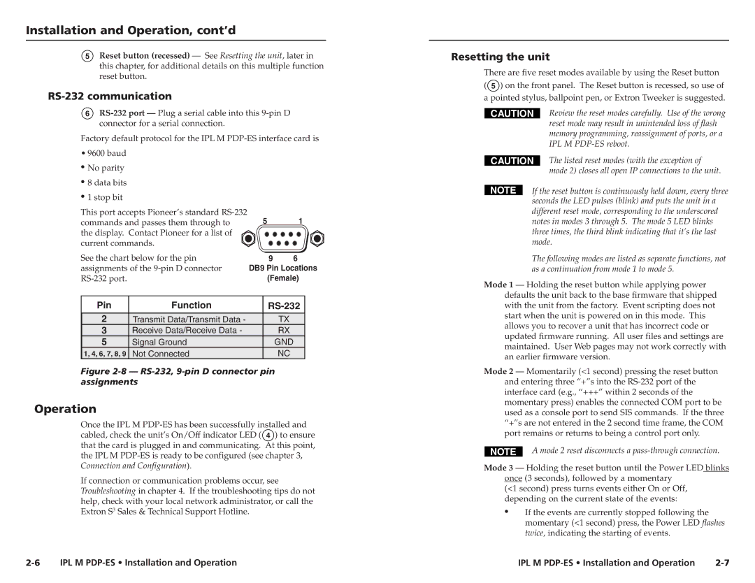 Extron electronic 68-1021-01 user manual Operation, RS-232 communication, Resetting the unit 