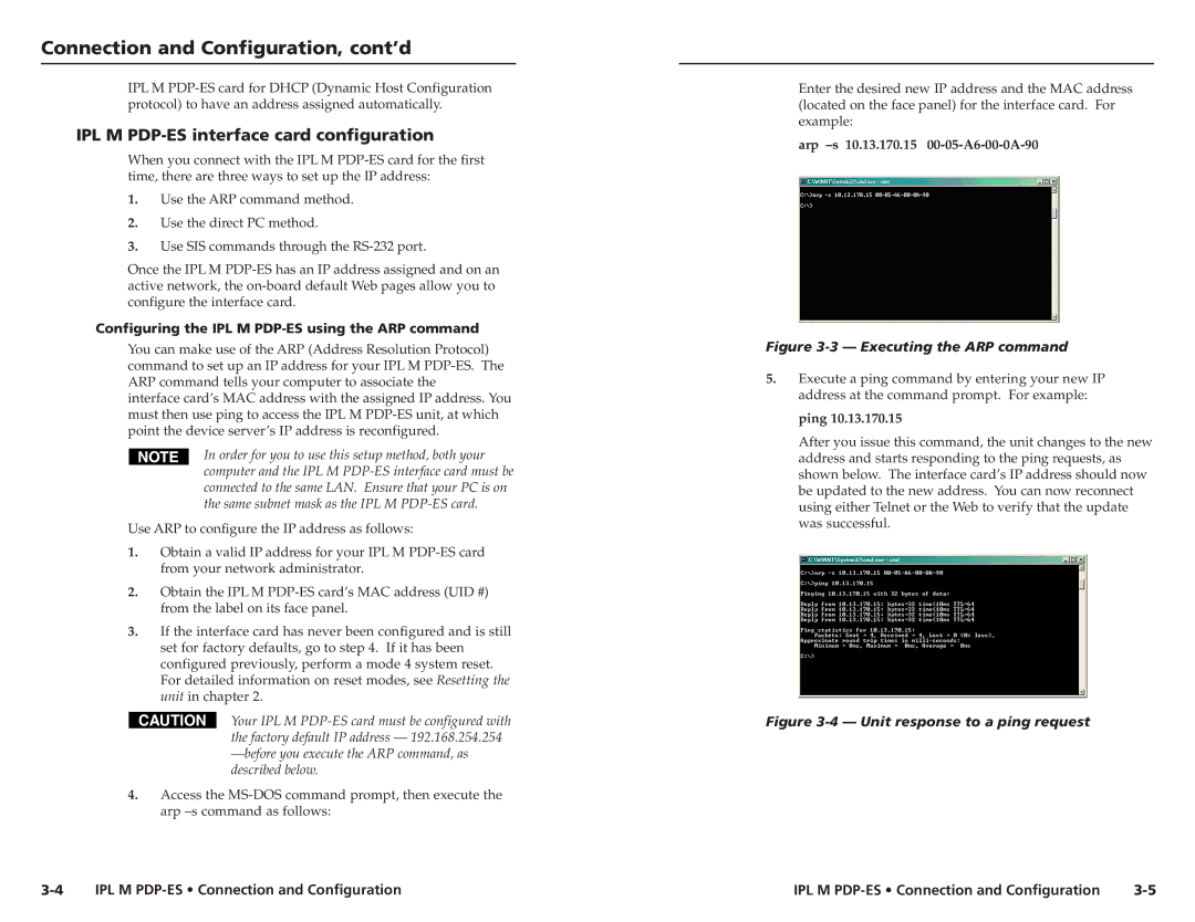 Extron electronic 68-1021-01 Connection and Configuration, cont’d, IPL M PDP-ES interface card configuration, Ping 