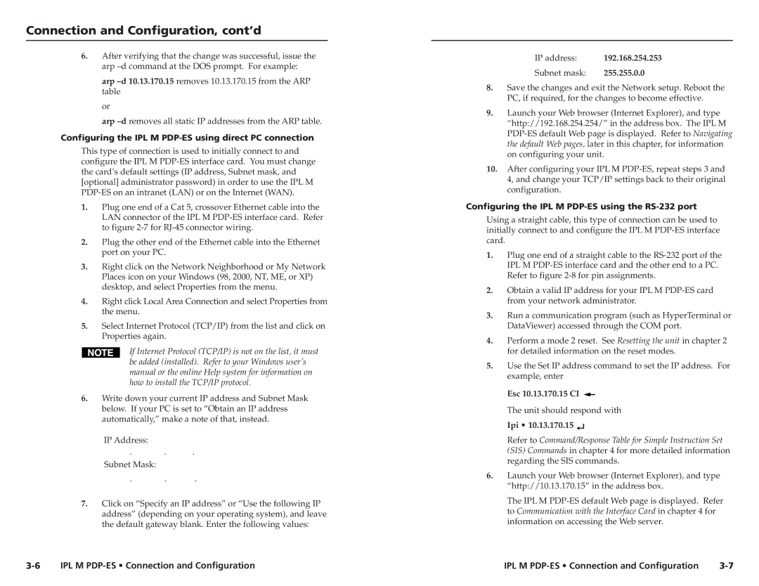 Extron electronic 68-1021-01 Configuring the IPL M PDP-ES using direct PC connection, 192.168.254.253, Esc 10.13.170.15 CI 