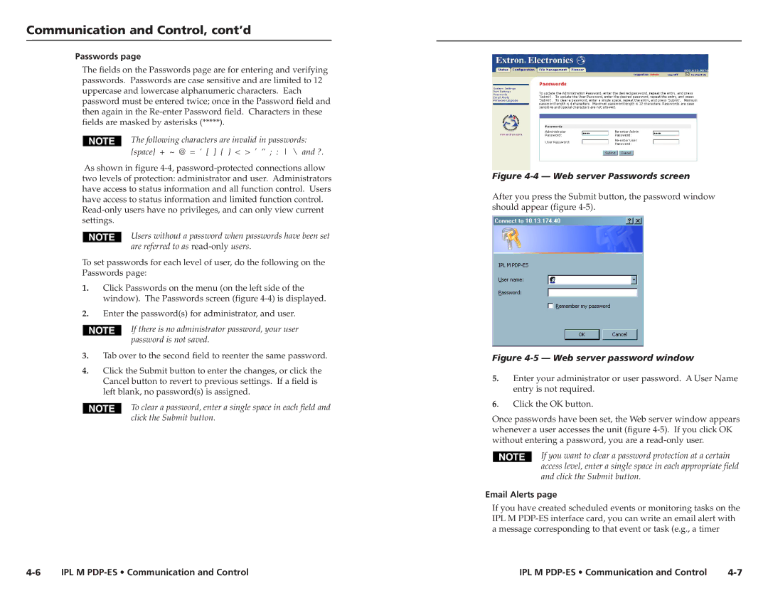 Extron electronic 68-1021-01 user manual Communication and Control, cont’d, Passwords, Email Alerts 