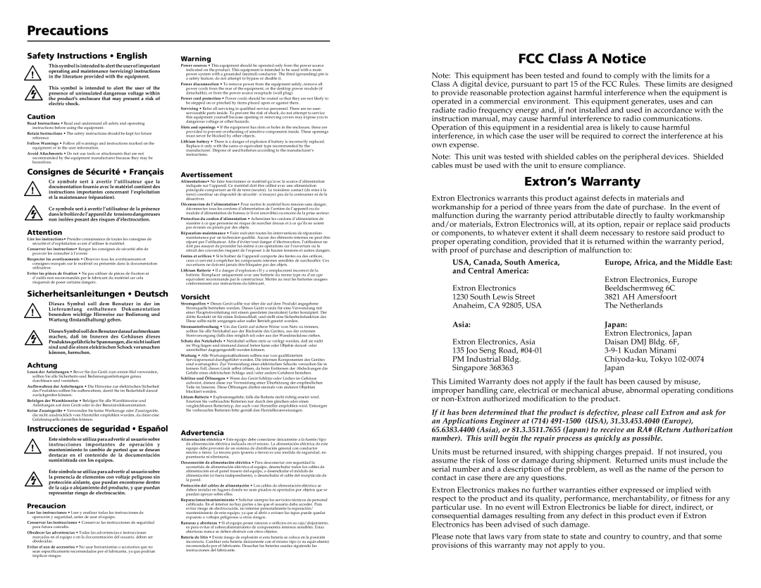 Extron electronic 68-1021-01 user manual Precautions, FCC Class a Notice, Extron’s Warranty 