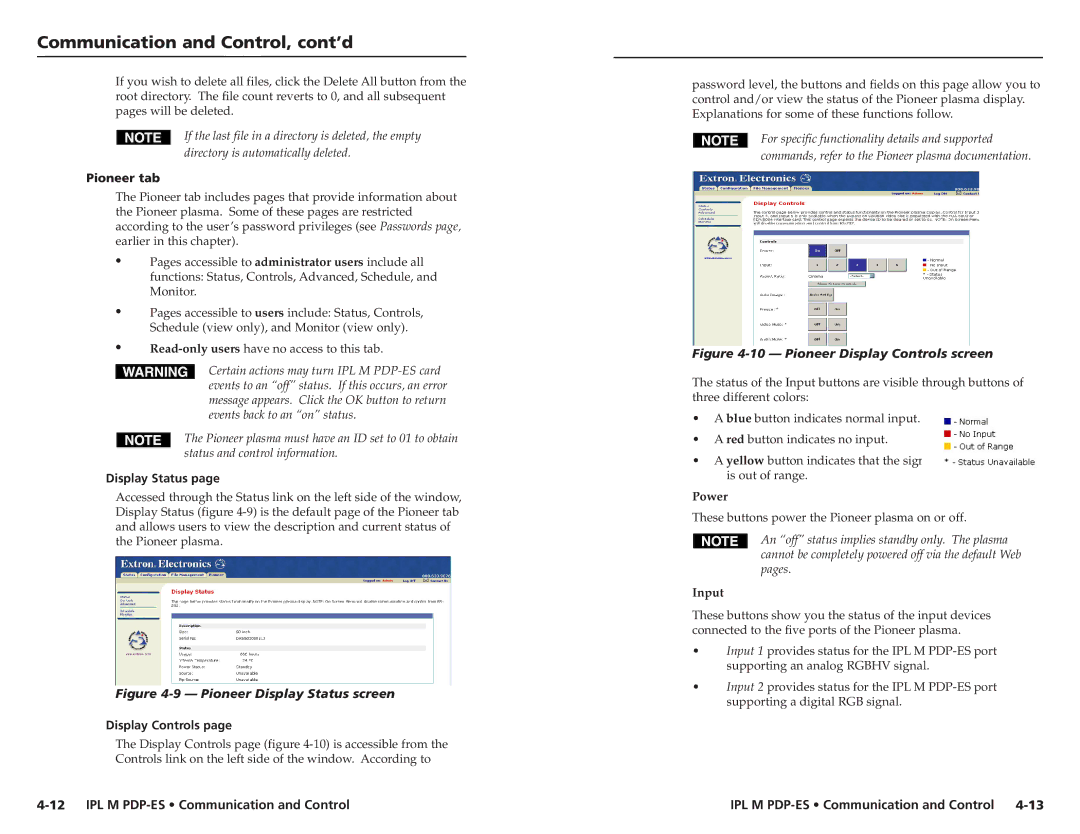 Extron electronic 68-1021-01 user manual Pioneer tab, Display Status, Display Controls, Power, Input 