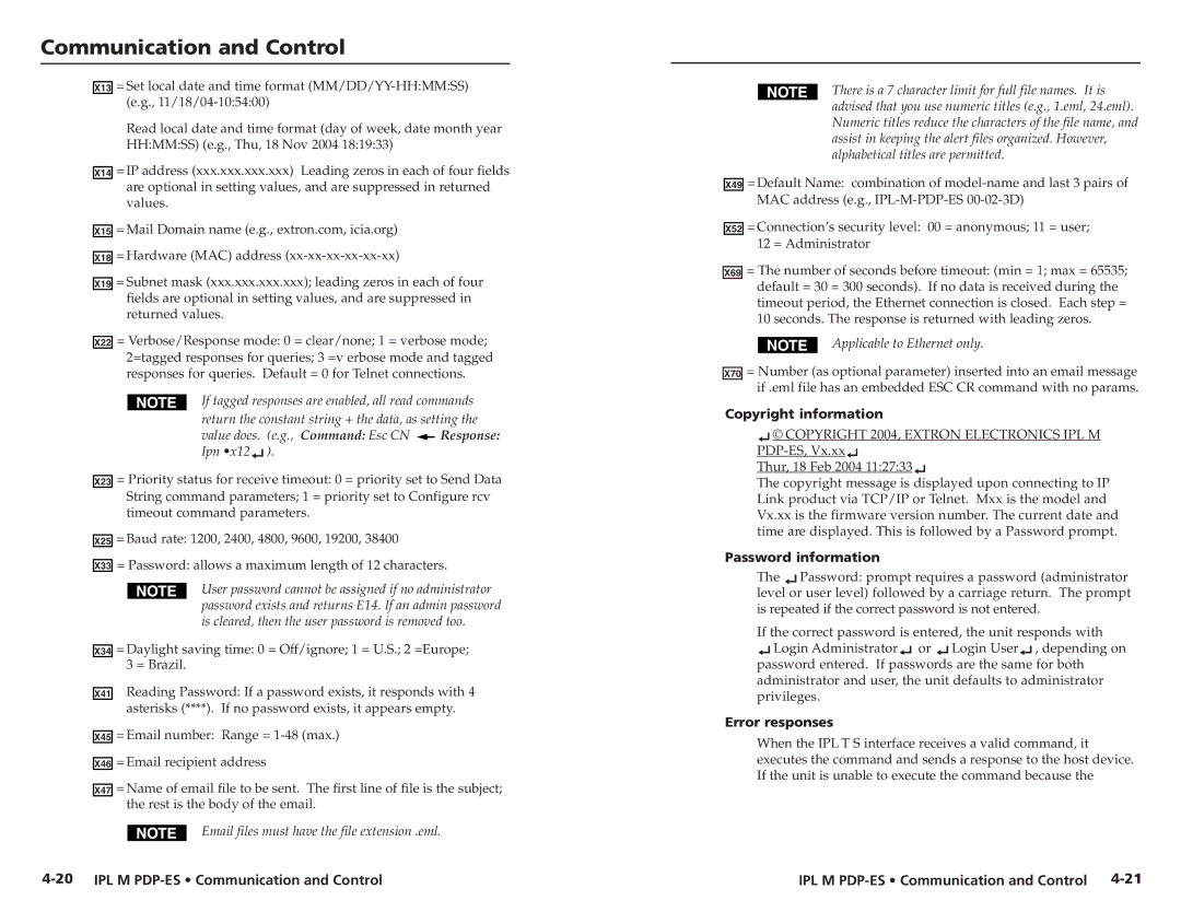 Extron electronic 68-1021-01 user manual Copyright information, Password information, Error responses 