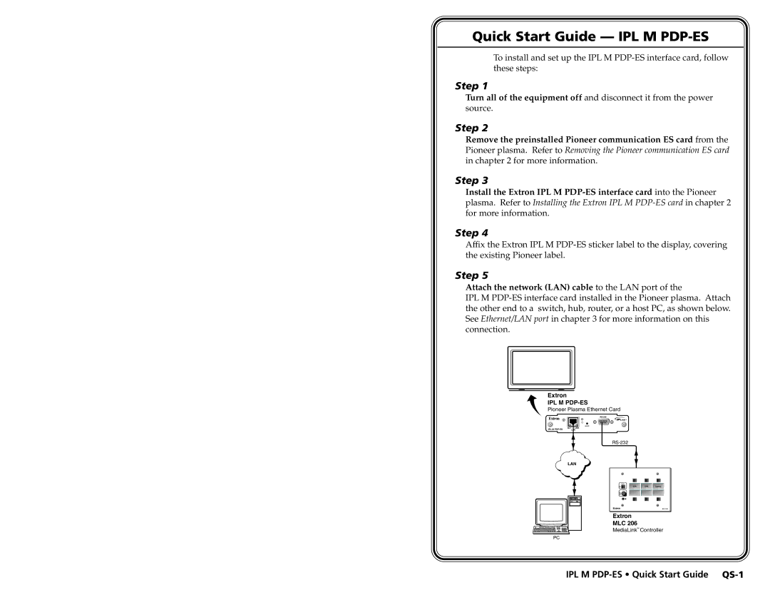 Extron electronic 68-1021-01 user manual Quick Start Guide IPL M PDP-ES, Attach the network LAN cable to the LAN port 