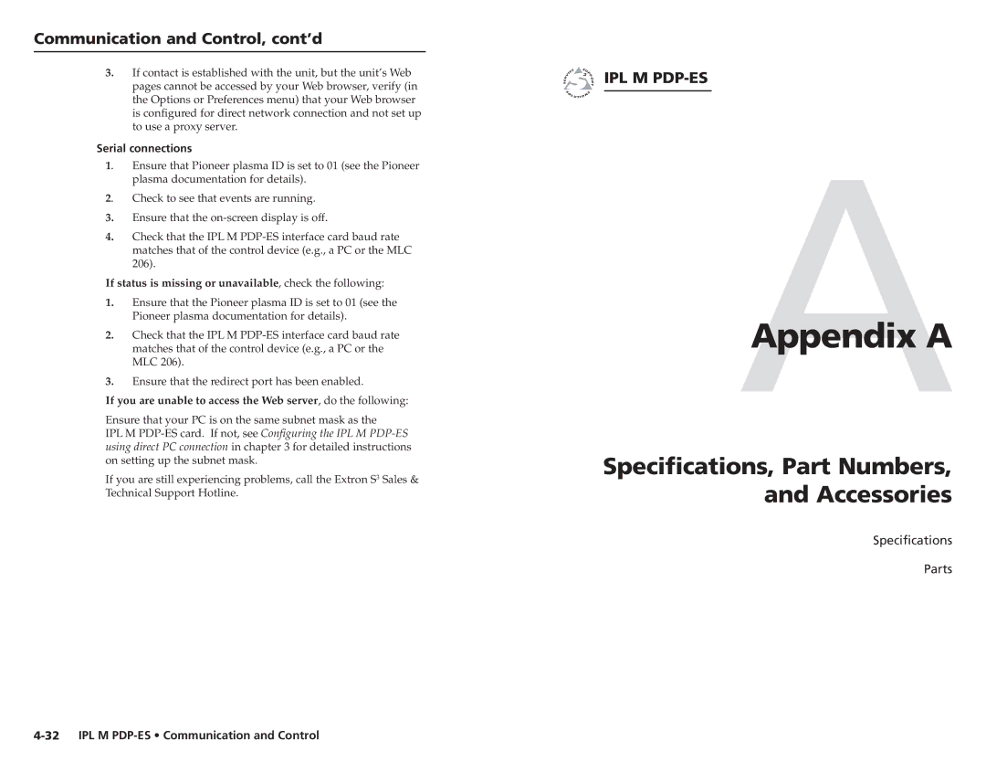 Extron electronic 68-1021-01 user manual Specifications, Part Numbers, and Accessories, Serial connections 