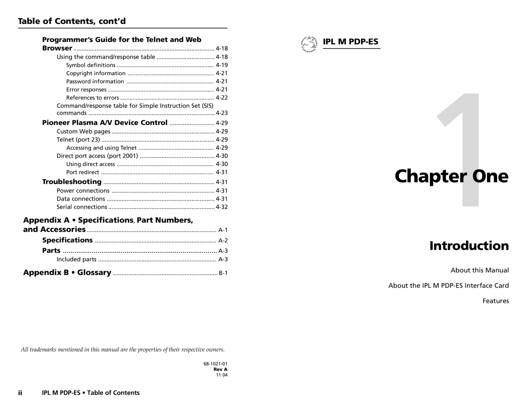 Extron electronic 68-1021-01 user manual Introduction, Table of Contents, cont’d 