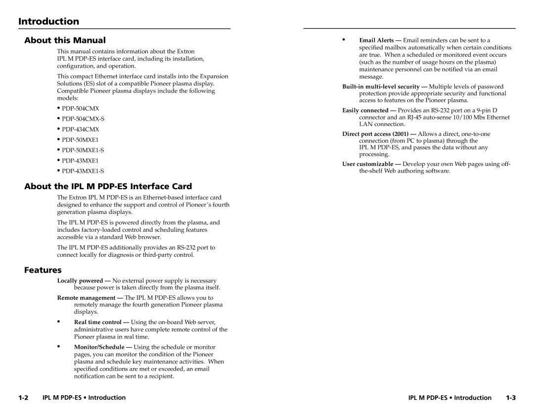 Extron electronic 68-1021-01 user manual Introduction, About this Manual, About the IPL M PDP-ES Interface Card, Features 