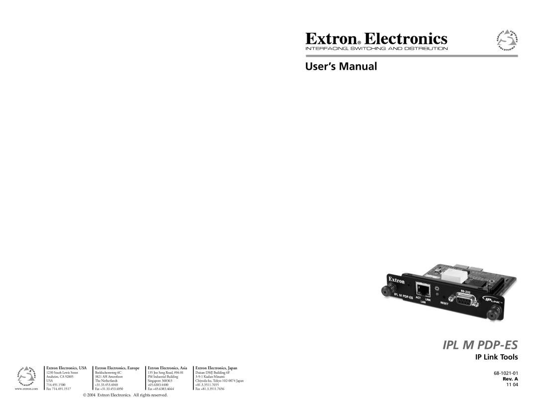 Extron electronic 68-1021-01 user manual IP Link Tools, Ipl M Pdp-Es, User’s Manual, Rev. A, Extron Electronics, USA 