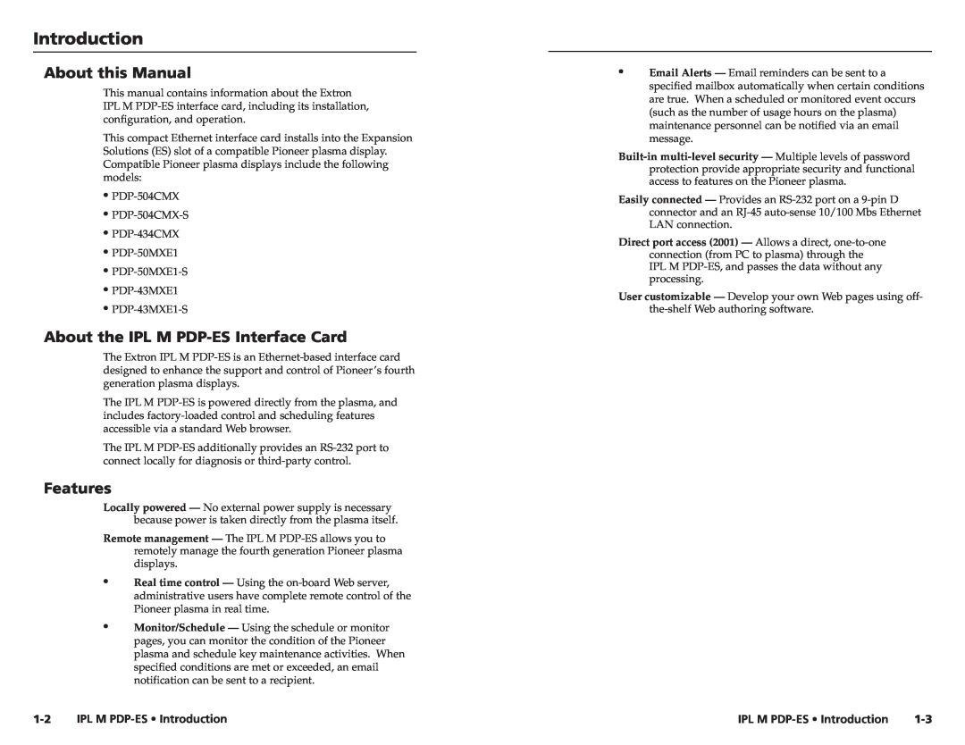 Extron electronic 68-1021-01 user manual Introduction, About this Manual, About the IPL M PDP-ES Interface Card, Features 