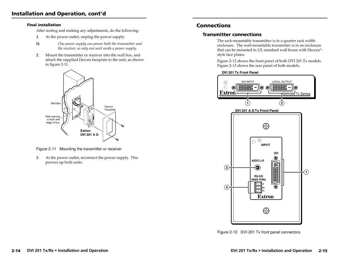 Extron electronic 68-1034-02 Rev. A user manual Connections, Transmitter connections, Final installation 