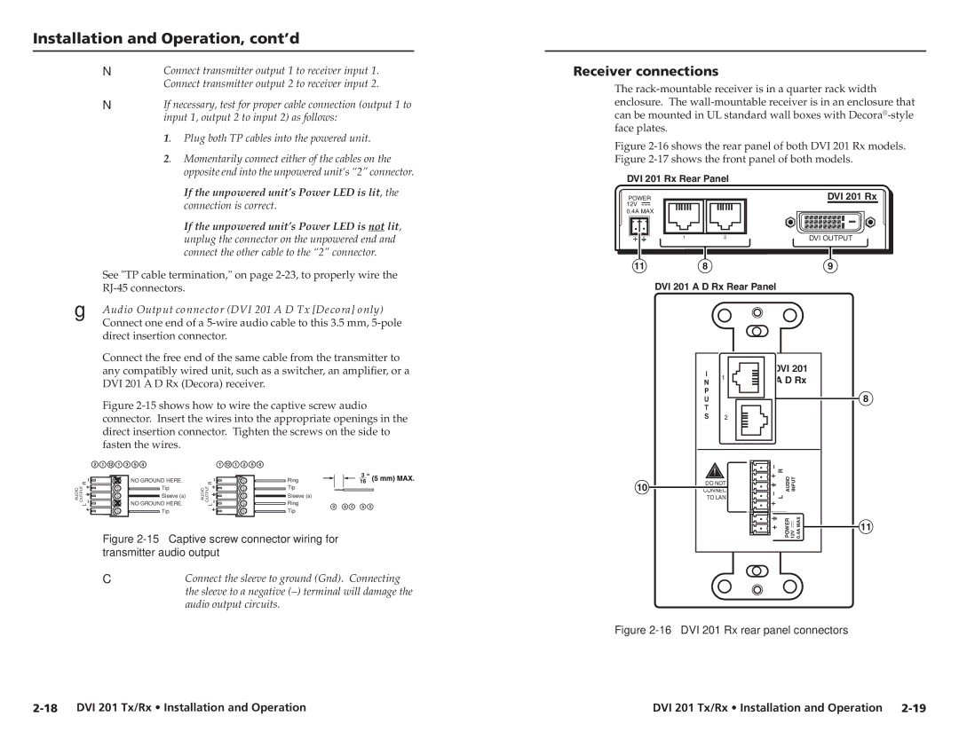 Extron electronic 68-1034-02 Rev. A user manual Receiver connections, If the unpowered unit’s Power LED is not lit 