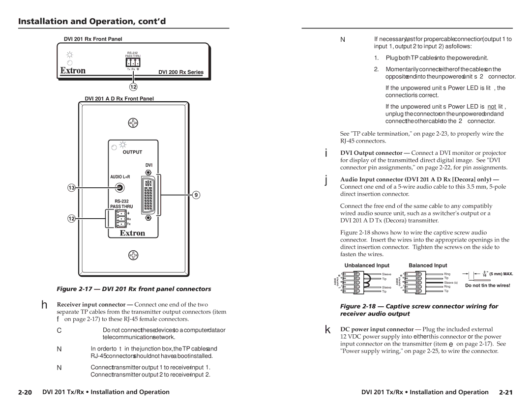 Extron electronic 68-1034-02 Rev. A user manual Receiver input connector Connect one end of the two 