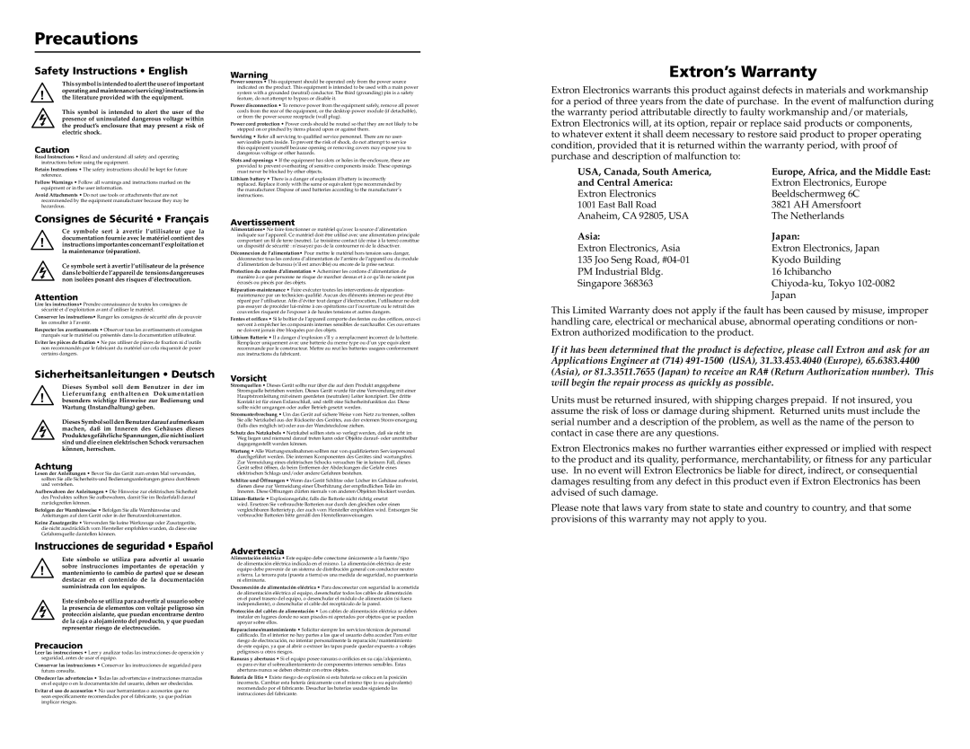 Extron electronic 68-1034-02 Rev. A user manual Precautions, Extron’s Warranty 