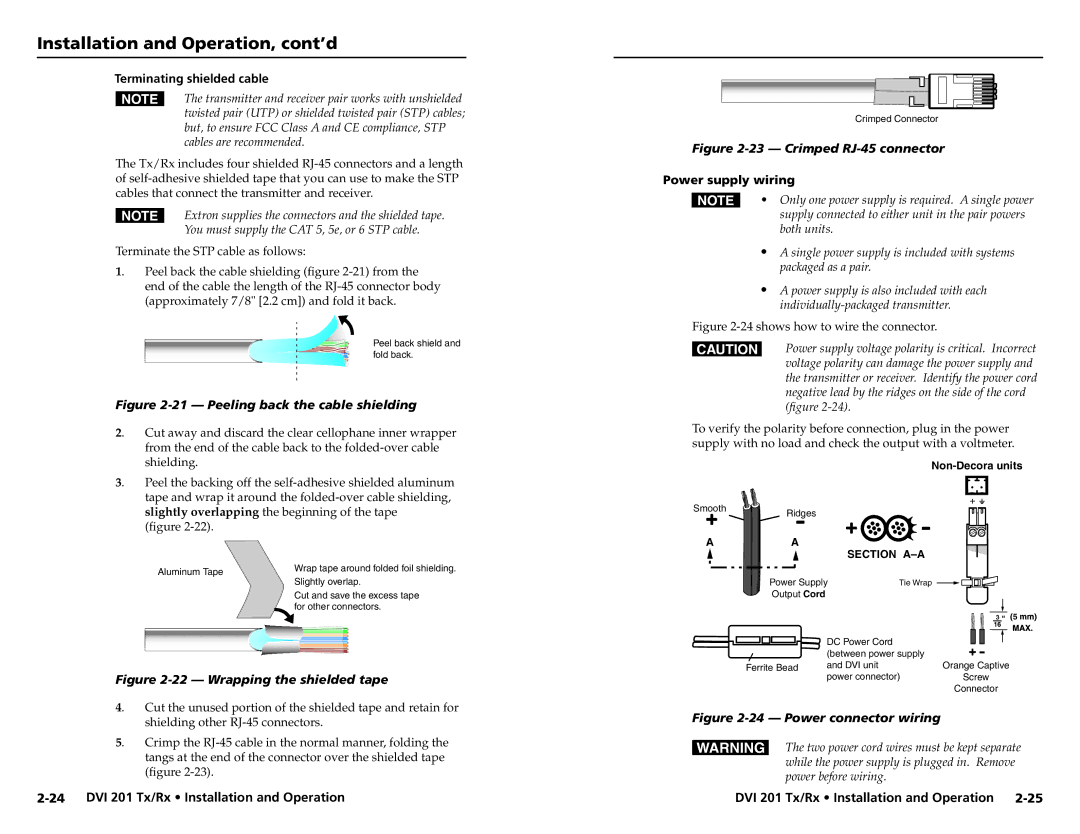 Extron electronic 68-1034-02 Rev. A user manual Terminating shielded cable, Power supply wiring 