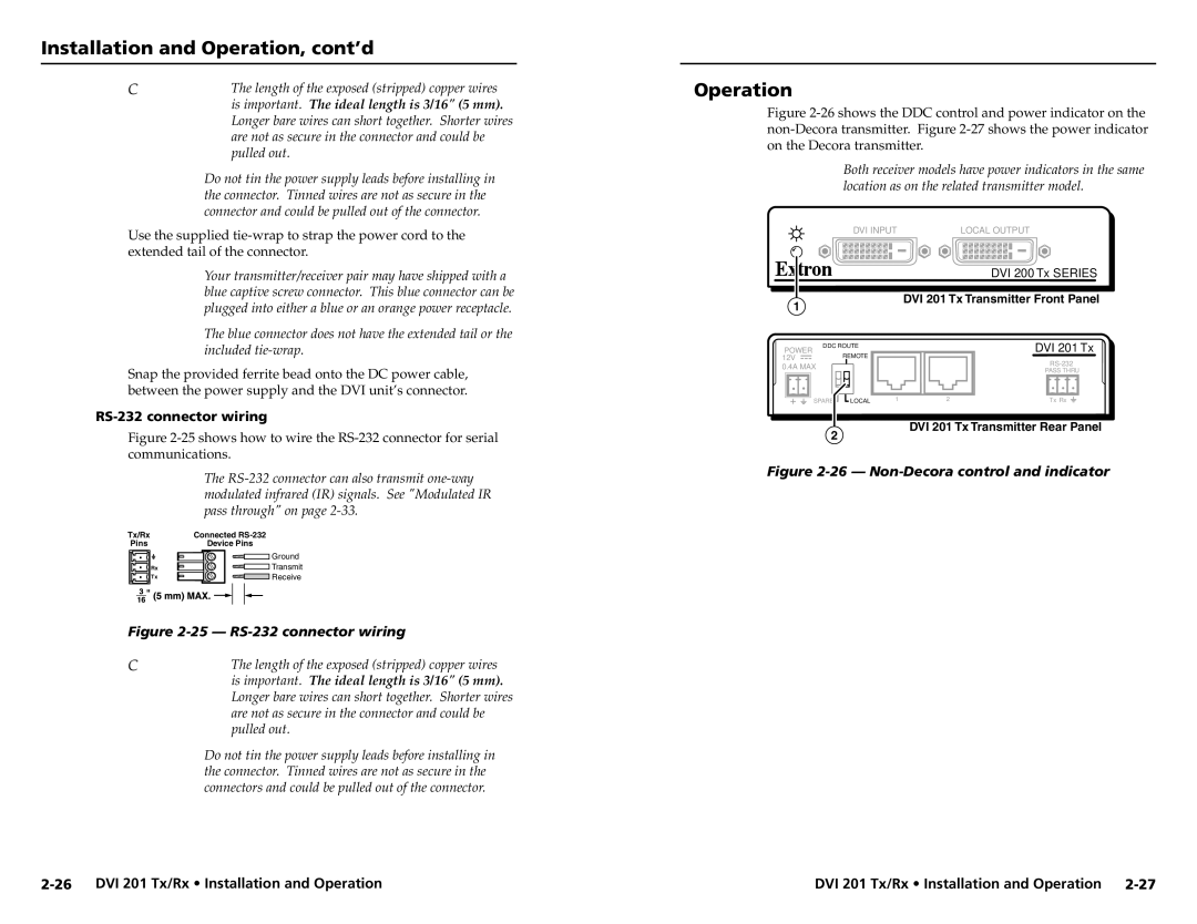 Extron electronic 68-1034-02 Rev. A user manual Operation, RS-232 connector wiring 