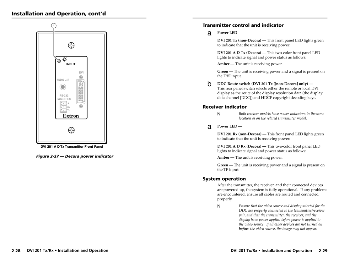 Extron electronic 68-1034-02 Rev. A Transmitter control and indicator, Receiver indicator, System operation, Power LED 