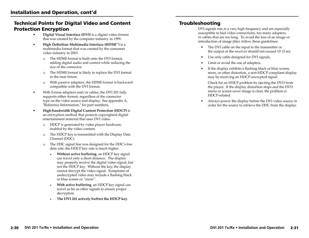 Extron electronic 68-1034-02 Rev. A user manual Troubleshooting, DVI 201 actively buffers the Hdcp key 