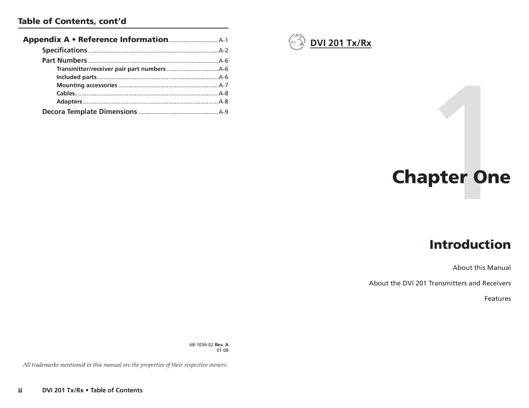 Extron electronic 68-1034-02 Rev. A user manual DVI 201 Tx/Rx, Table of Contents, cont’d 