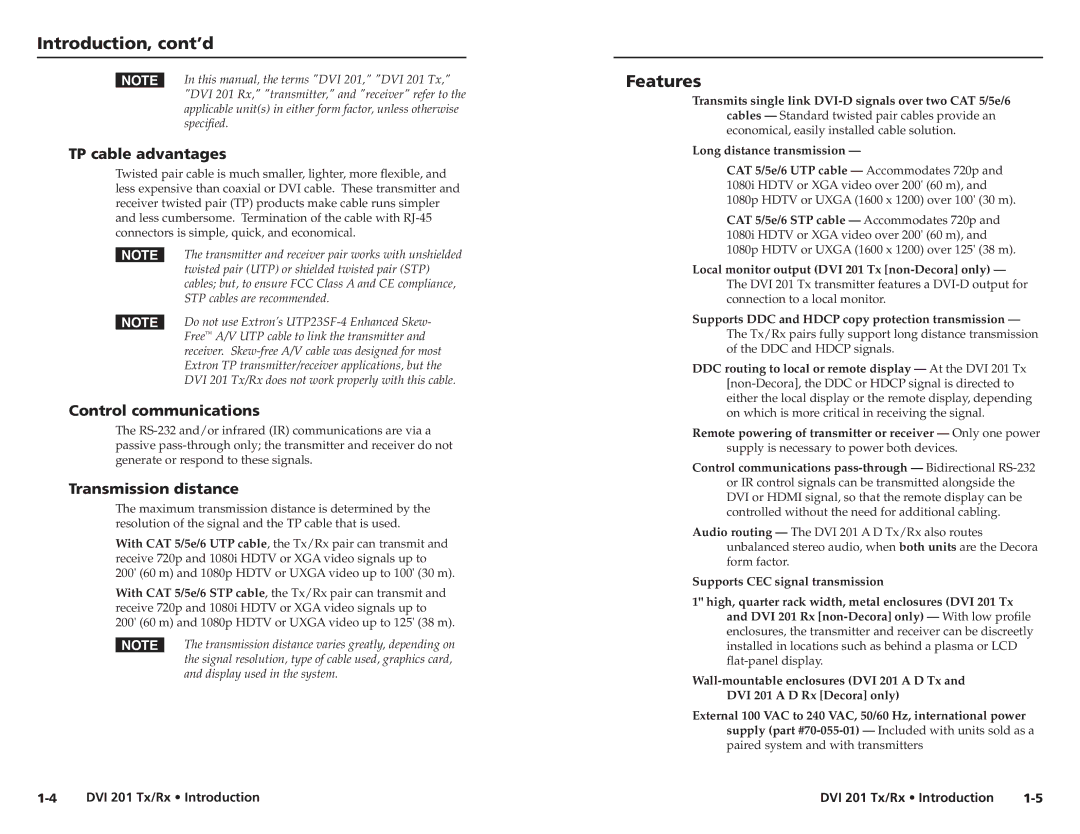 Extron electronic 68-1034-02 Rev. A user manual Introduction, cont’d, Features, TP cable advantages, Control communications 