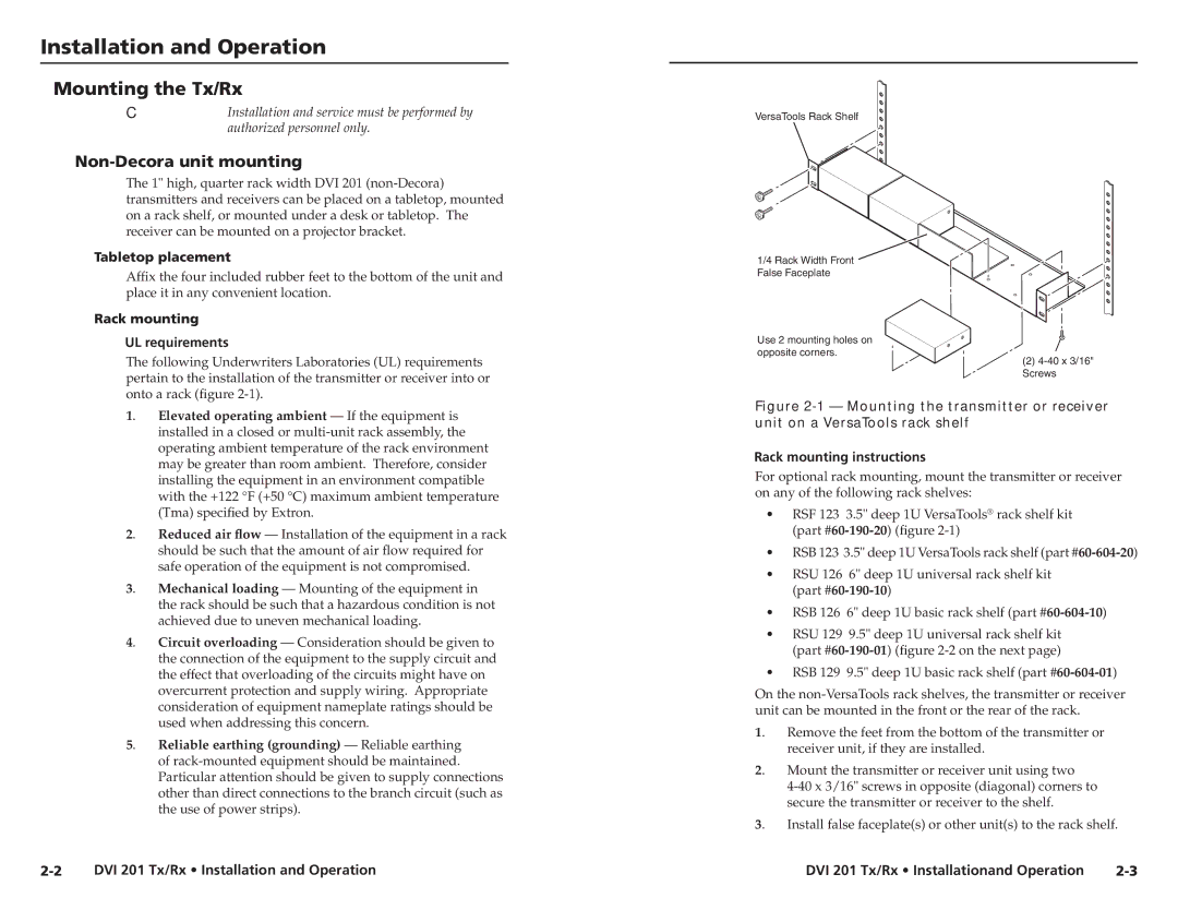 Extron electronic 68-1034-02 Rev. A user manual Installation and Operation, Mounting the Tx/Rx, Non-Decora unit mounting 