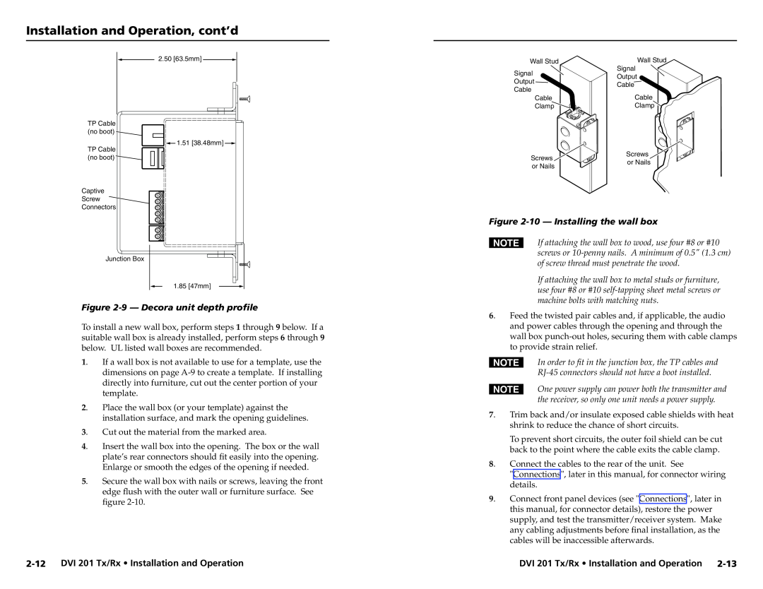 Extron electronic 68-1034-02 Rev. A user manual 2-12DVI 201 Tx/Rx Installation and Operation, 10- Installing the wall box 