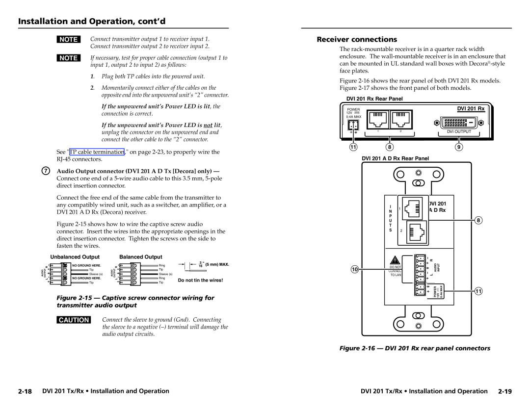 Extron electronic 68-1034-02 Rev. A user manual Receiver connections, 2-18DVI 201 Tx/Rx Installation and Operation 