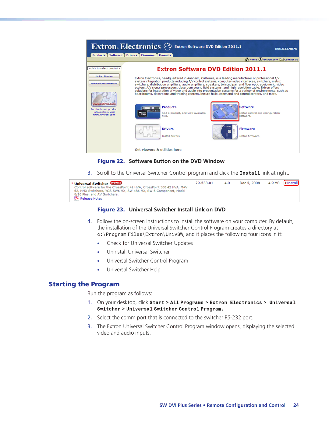 Extron electronic 68-1316-02 manual Starting the Program, Software Button on the DVD Window 