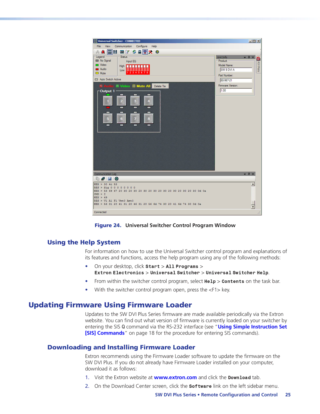 Extron electronic 68-1316-02 manual Updating Firmware Using Firmware Loader, Using the Help System 