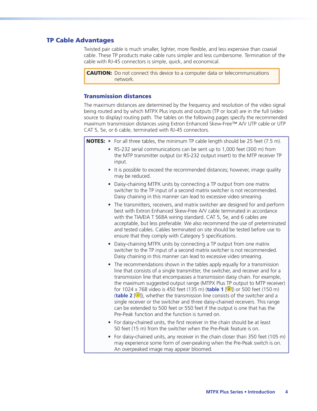 Extron electronic 68-1383-01 REV. E manual TP Cable Advantages, Transmission distances 