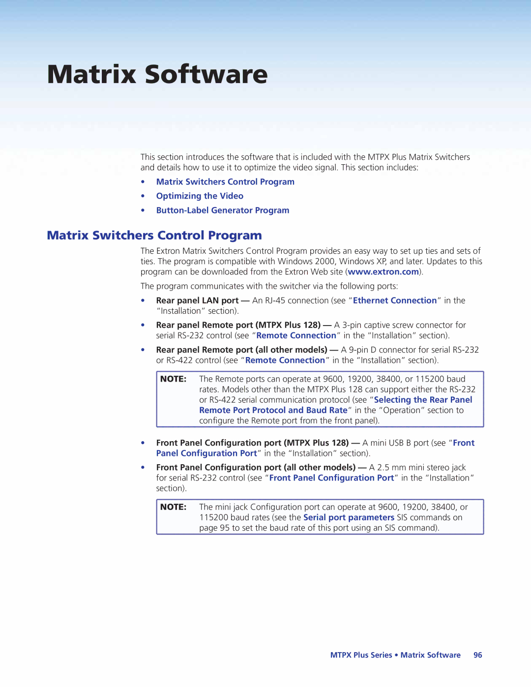 Extron electronic 68-1383-01 REV. E manual Matrix Switchers Control Program, Configure the Remote port from the front panel 