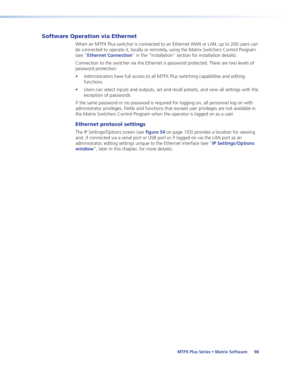 Extron electronic 68-1383-01 REV. E manual Software Operation via Ethernet, Ethernet protocol settings 