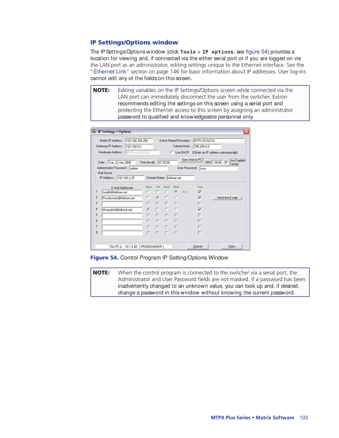 Extron electronic 68-1383-01 REV. E manual IP Settings/Options window, Control Program IP Setting/Options Window 