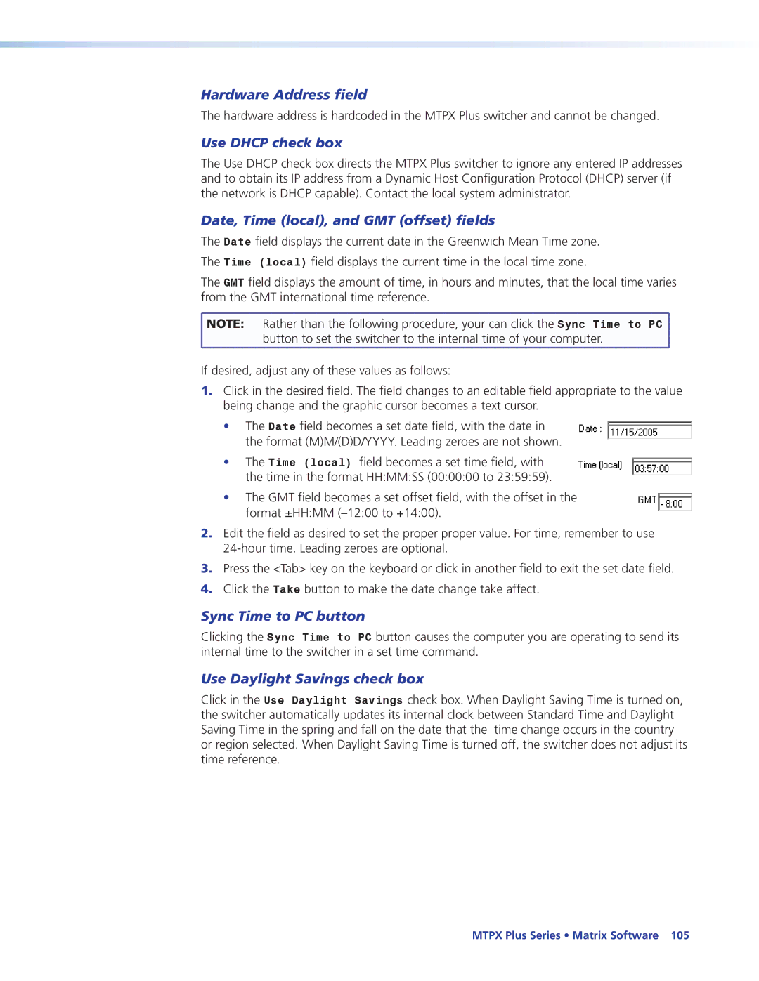 Extron electronic 68-1383-01 REV. E Hardware Address field, Use Dhcp check box, Date, Time local, and GMT offset fields 