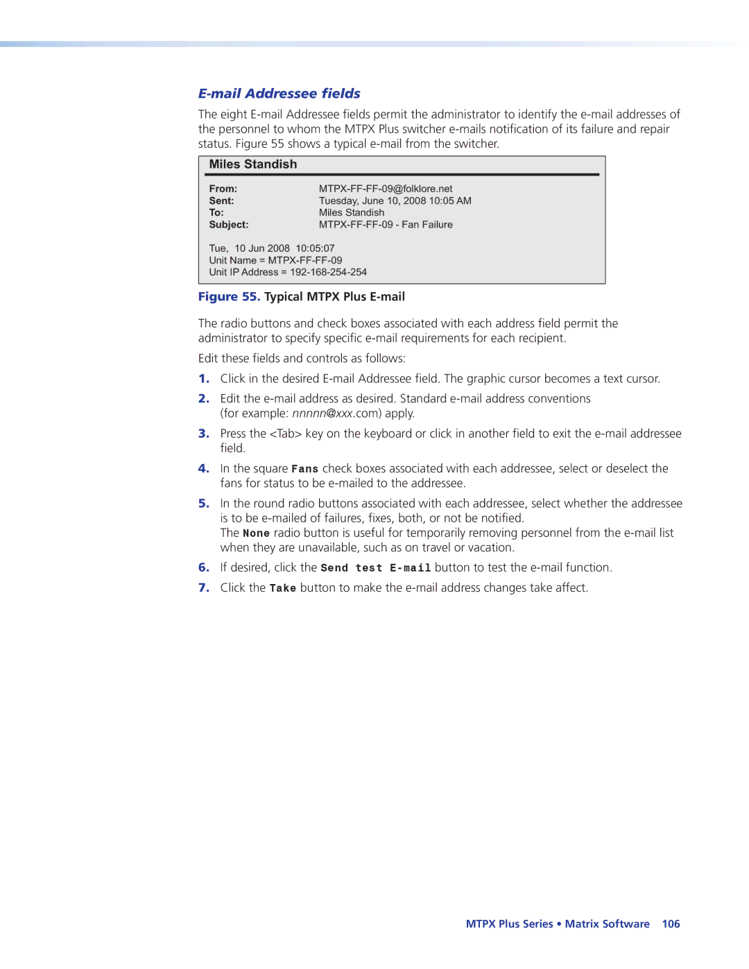 Extron electronic 68-1383-01 REV. E manual Mail Addressee fields, Typical Mtpx Plus E-mail 