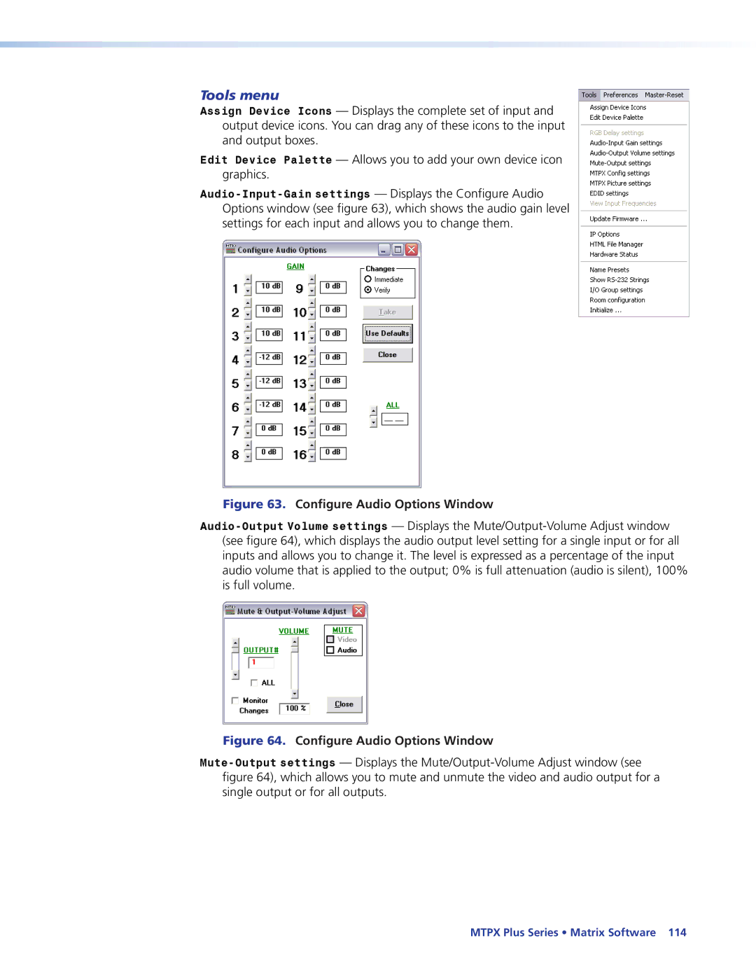 Extron electronic 68-1383-01 REV. E manual Tools menu, Configure Audio Options Window 