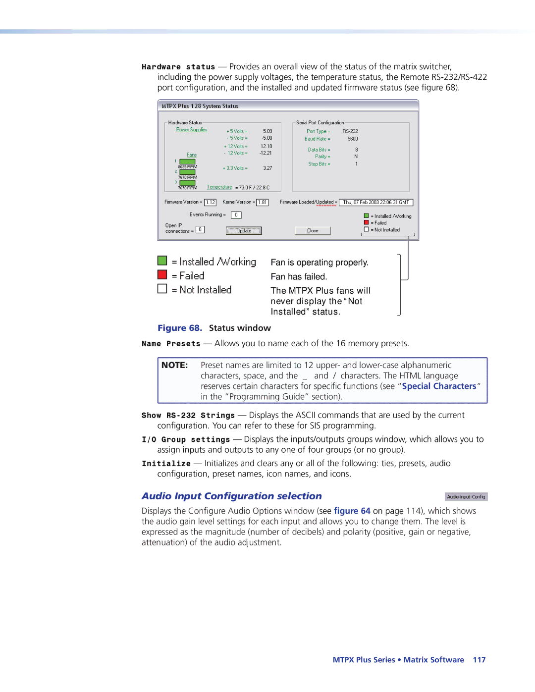 Extron electronic 68-1383-01 REV. E manual Audio Input Configuration selection, Status window 