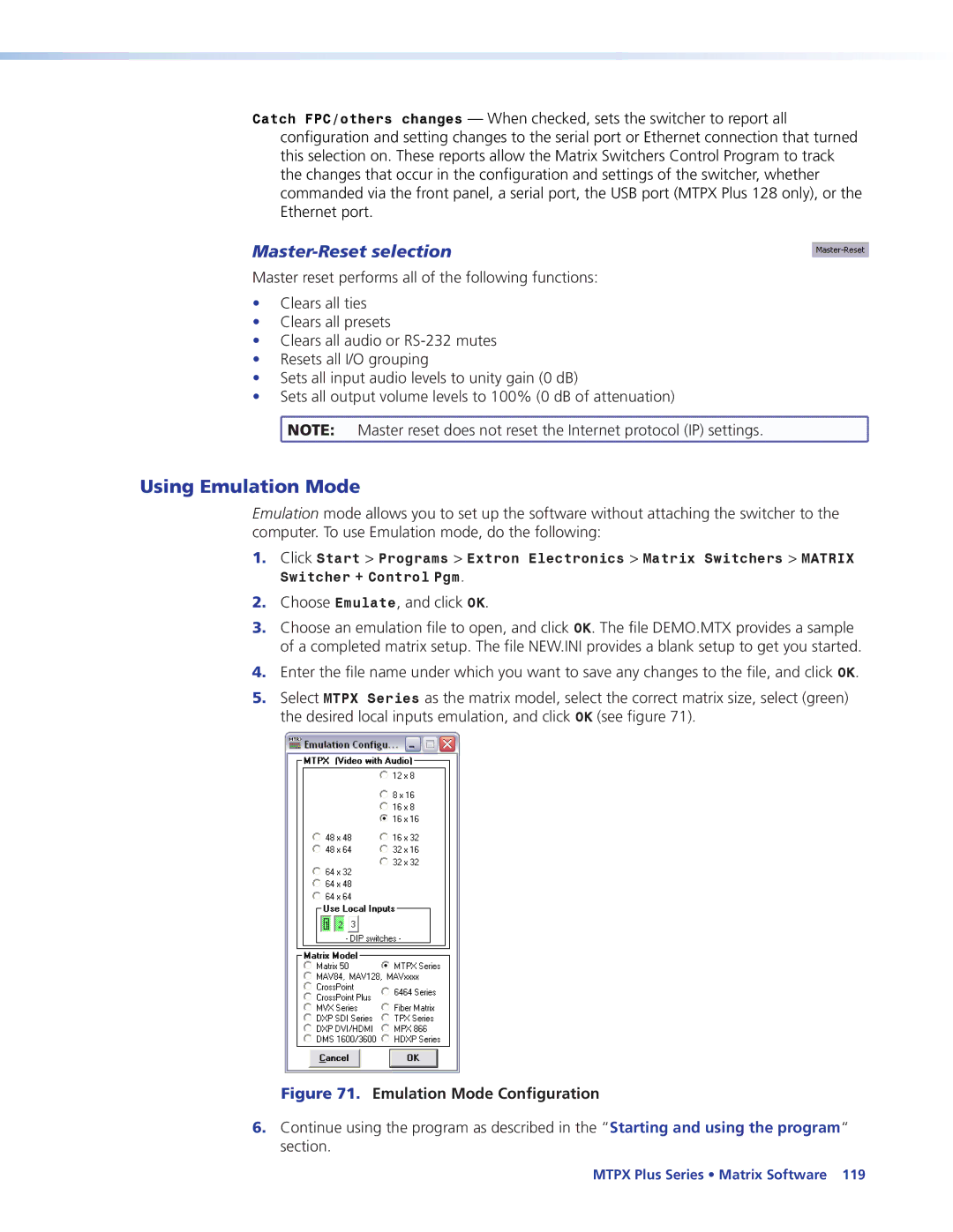 Extron electronic 68-1383-01 REV. E manual Using Emulation Mode, Master-Reset selection, Choose Emulate, and click OK 