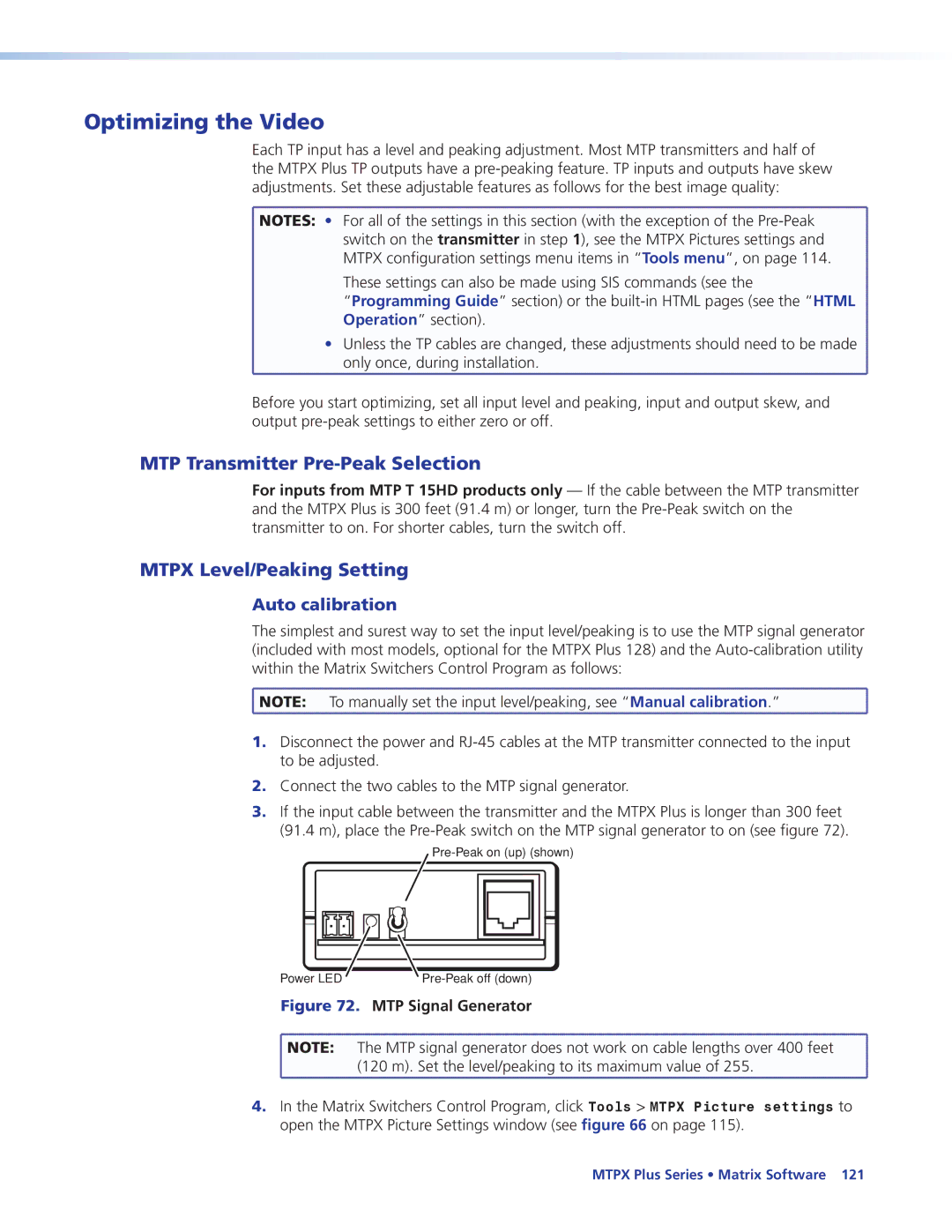 Extron electronic 68-1383-01 REV. E Optimizing the Video, MTP Transmitter Pre-Peak Selection, Mtpx Level/Peaking Setting 