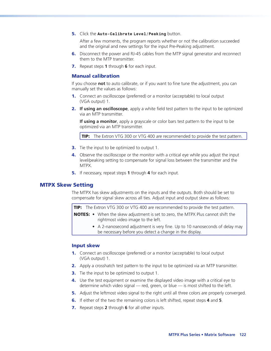 Extron electronic 68-1383-01 REV. E manual Mtpx Skew Setting, Manual calibration, Input skew 
