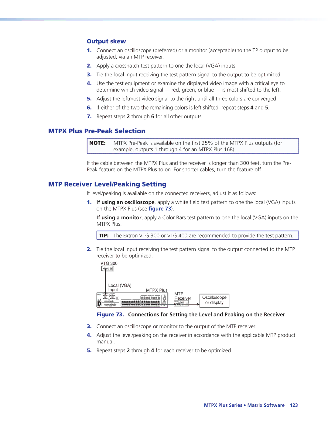 Extron electronic 68-1383-01 REV. E manual Mtpx Plus Pre-Peak Selection, MTP Receiver Level/Peaking Setting, Output skew 