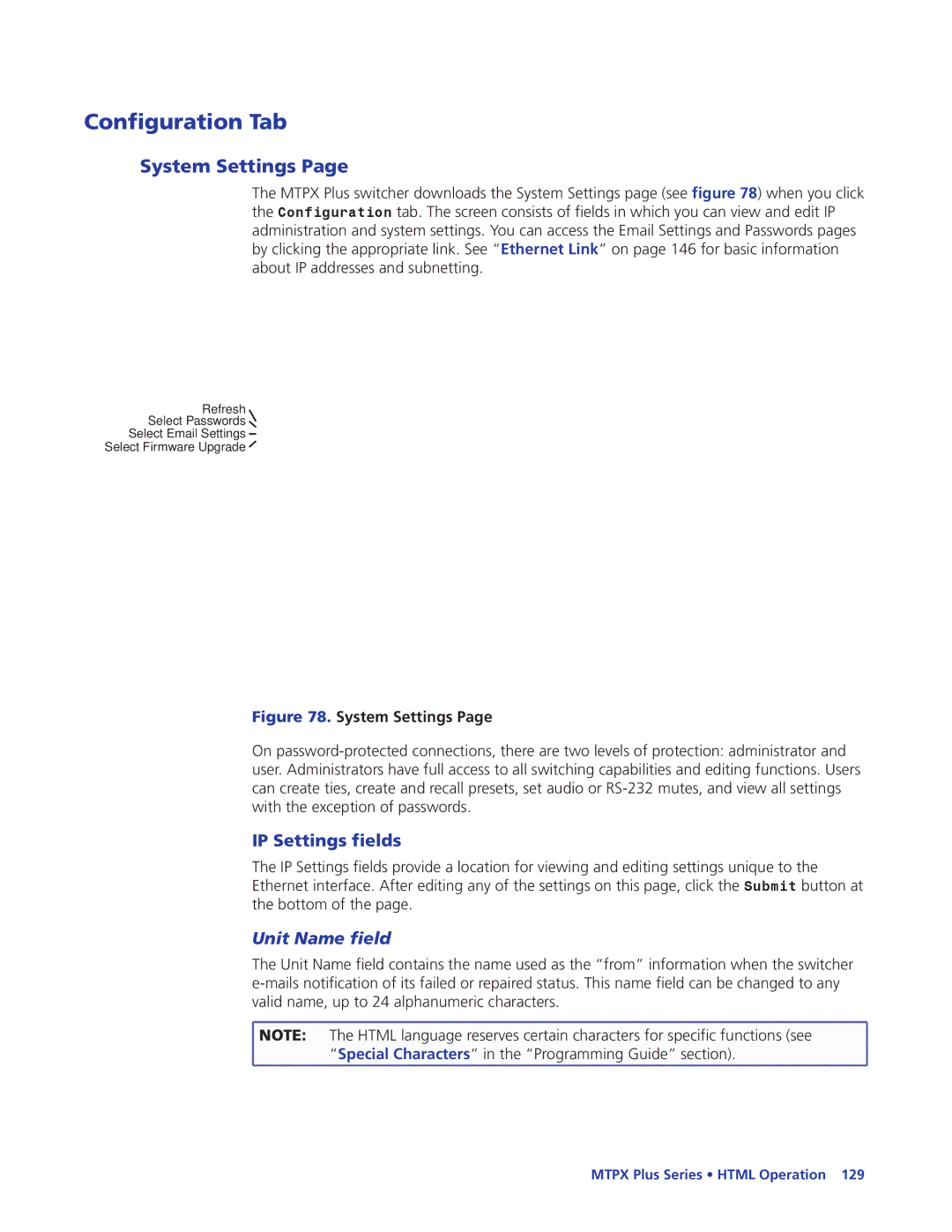 Extron electronic 68-1383-01 REV. E manual Configuration Tab, System Settings, IP Settings fields, Unit Name field 