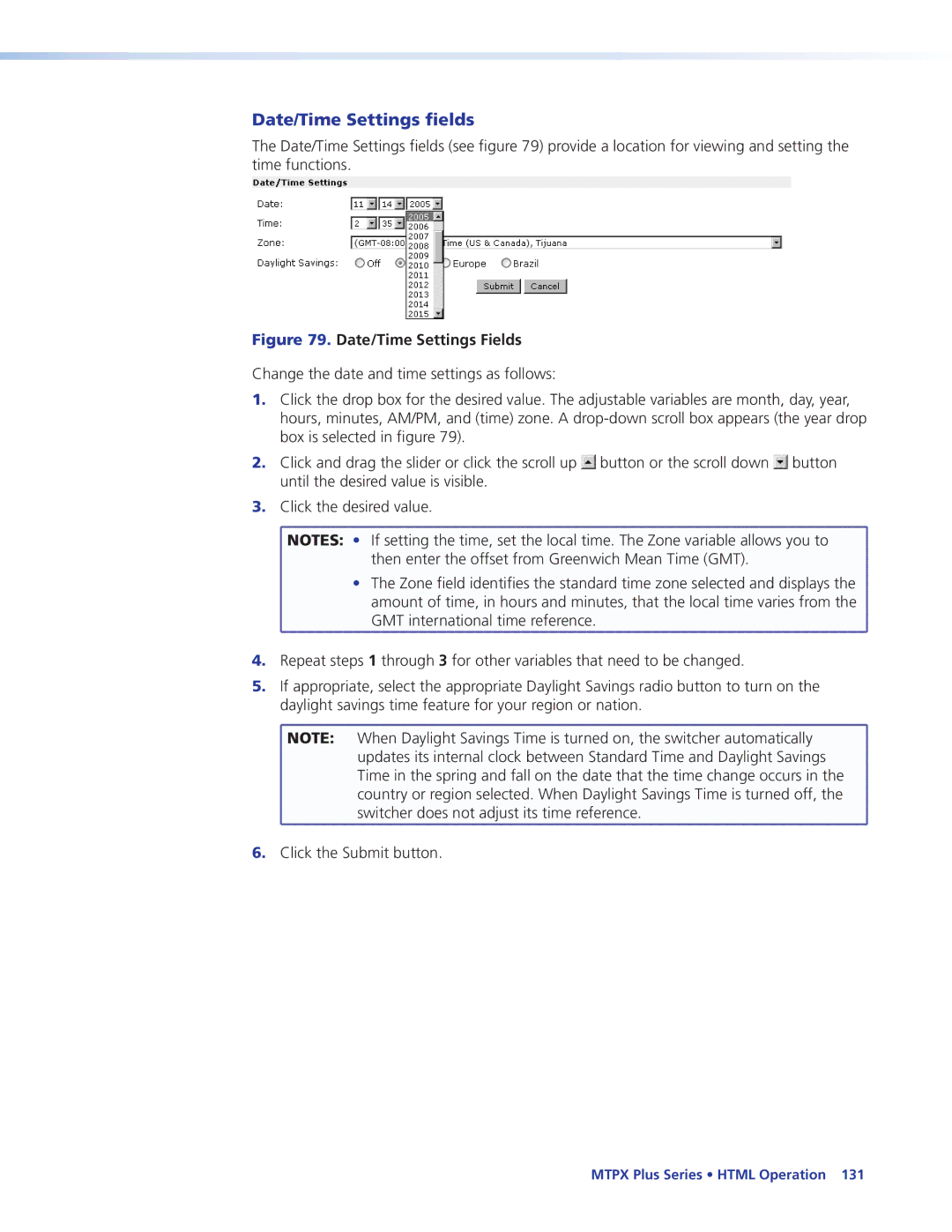 Extron electronic 68-1383-01 REV. E manual Date/Time Settings fields, Date/Time Settings Fields 