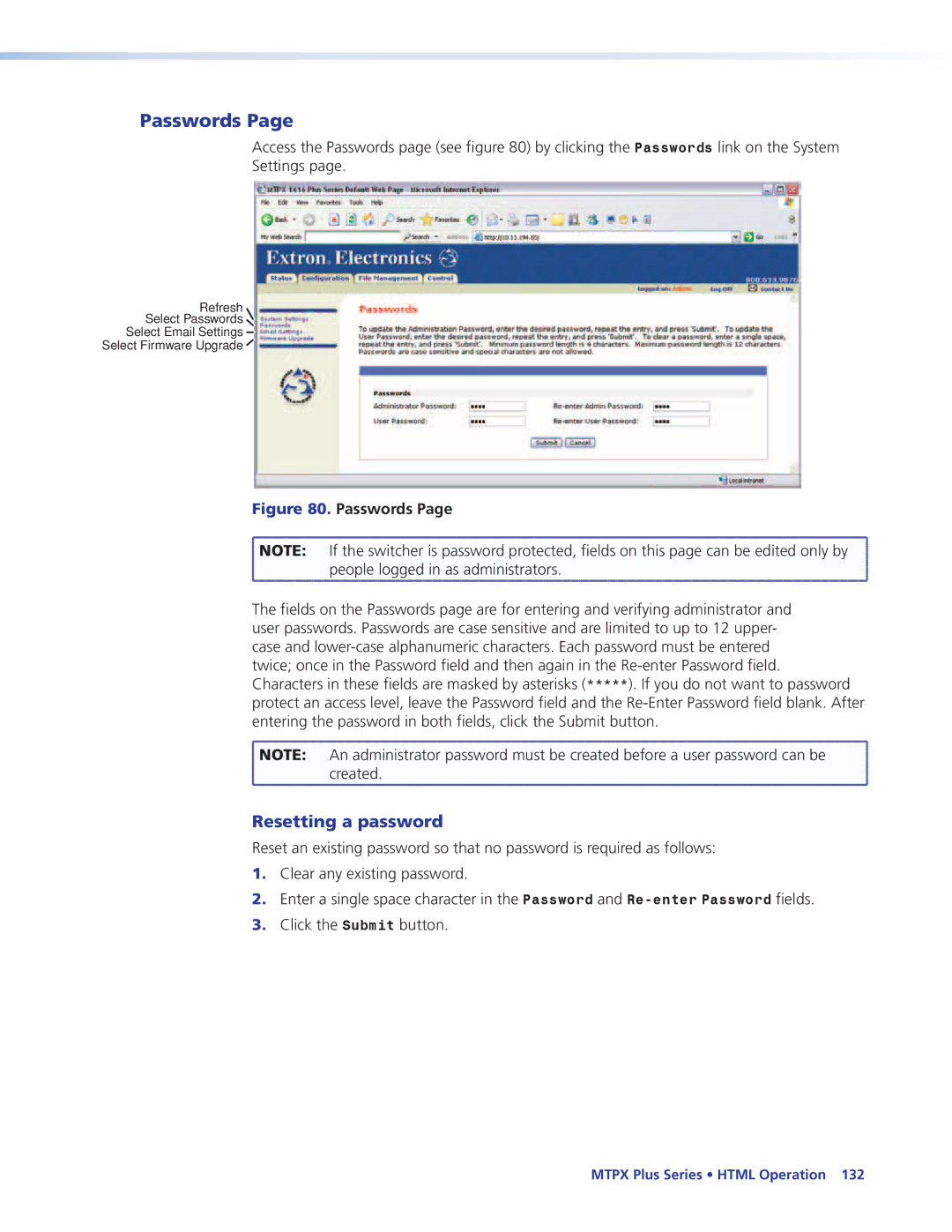 Extron electronic 68-1383-01 REV. E manual Passwords, Resetting a password 