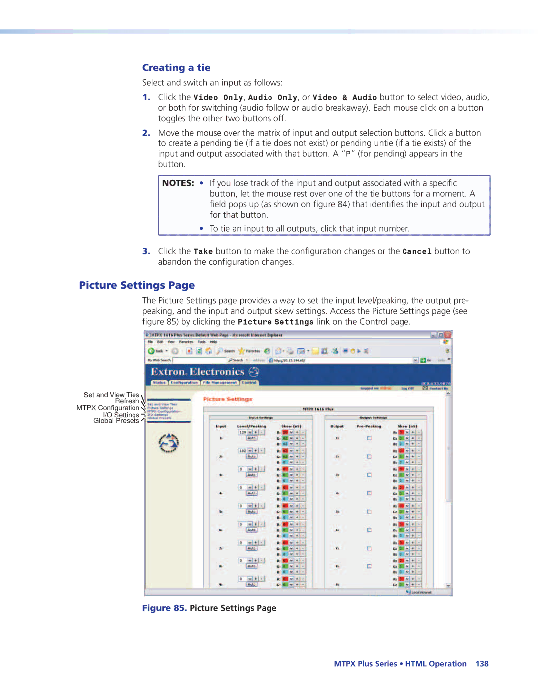 Extron electronic 68-1383-01 REV. E manual Picture Settings, Creating a tie 