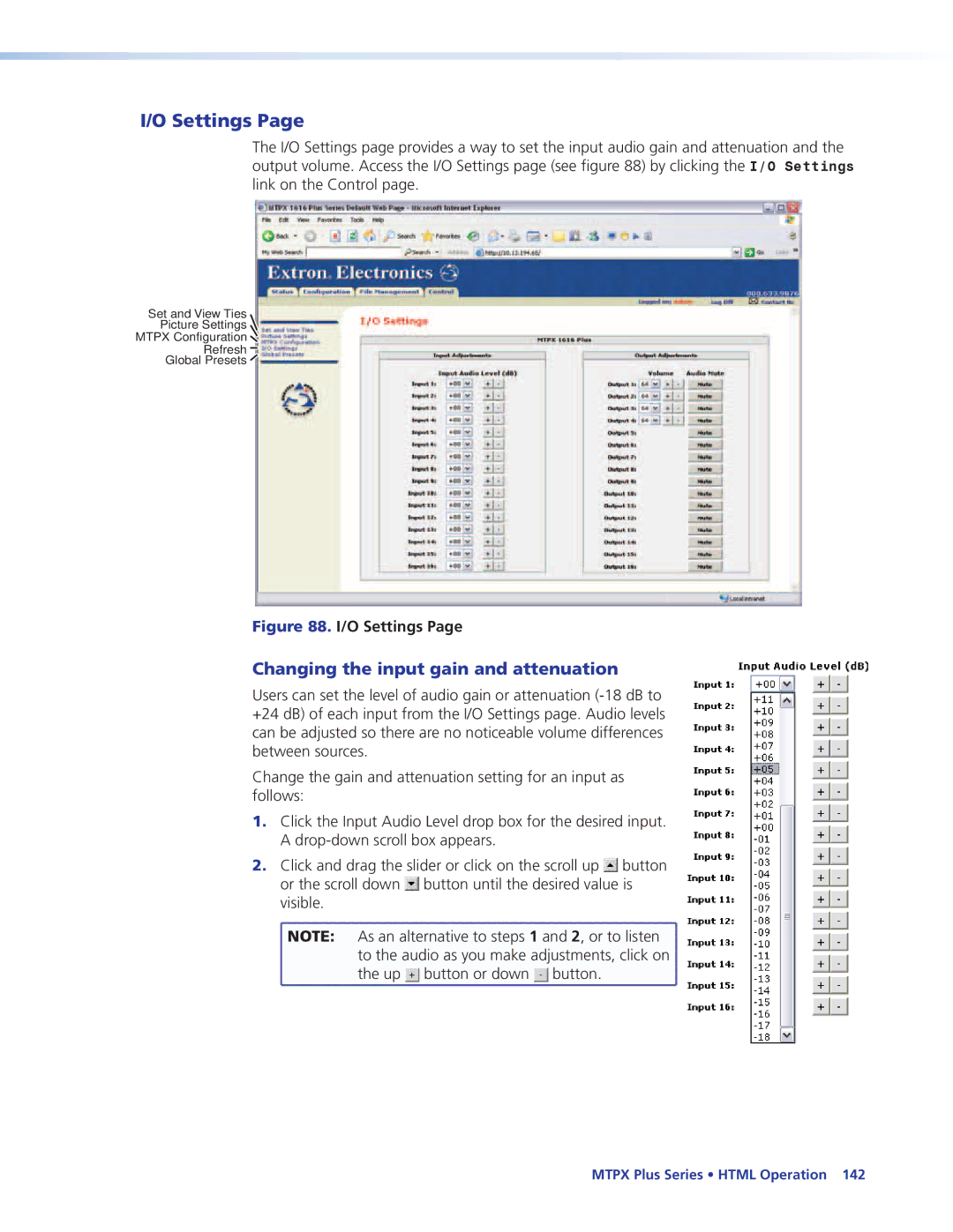 Extron electronic 68-1383-01 REV. E manual Settings, Changing the input gain and attenuation 