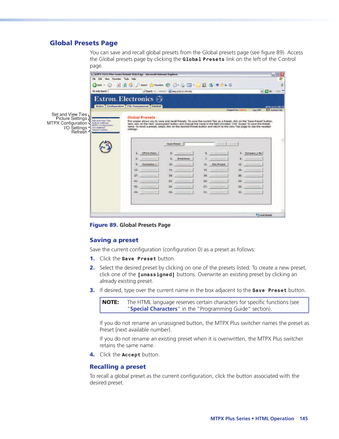 Extron electronic 68-1383-01 REV. E manual Global Presets, Saving a preset, Recalling a preset 